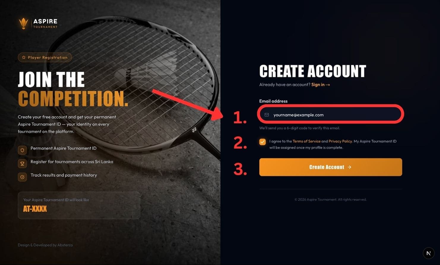 Create Account — email form — desktop