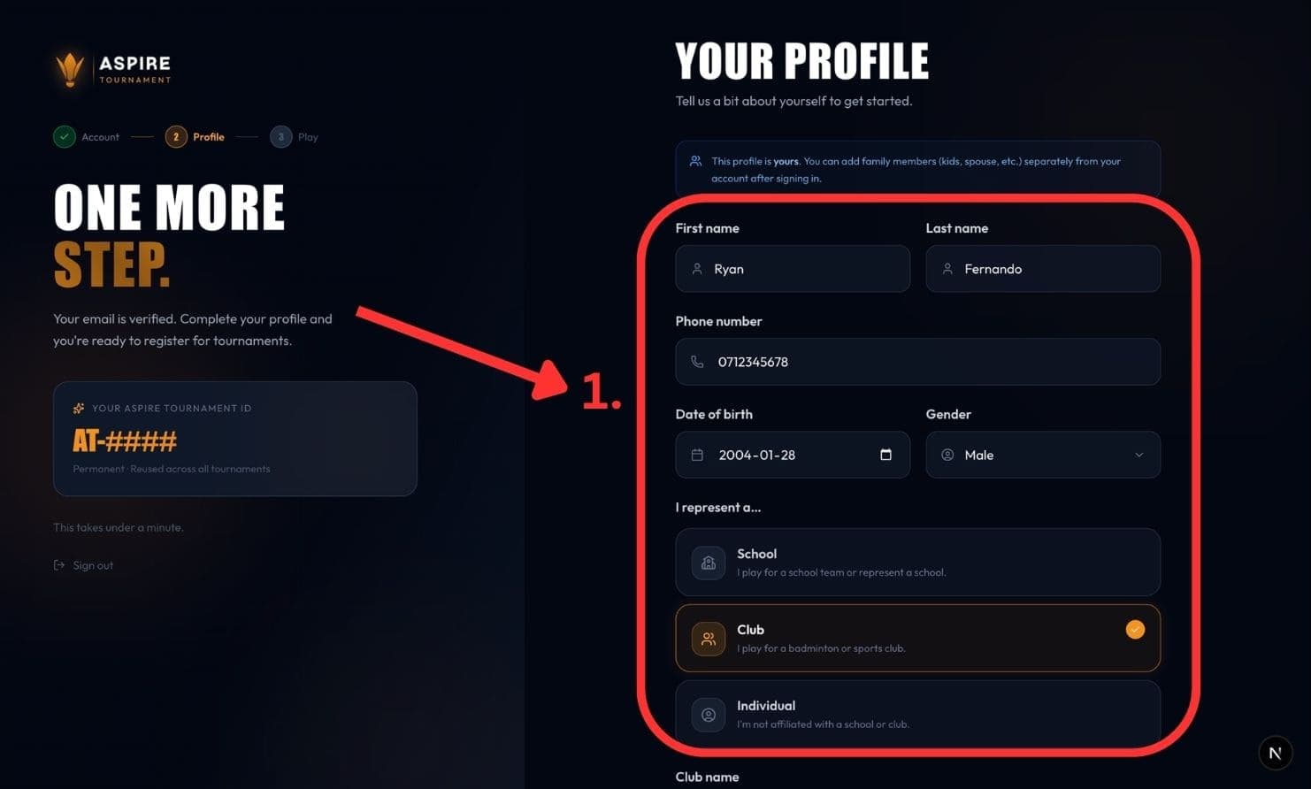 Your Profile — personal details form — desktop