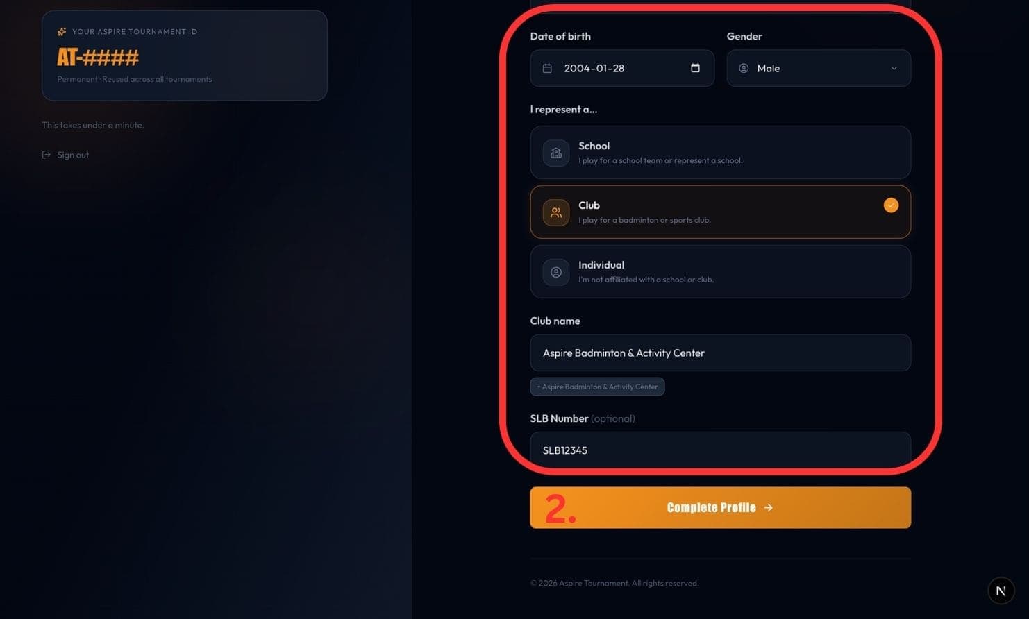 Profile — affiliation and Complete Profile button — desktop
