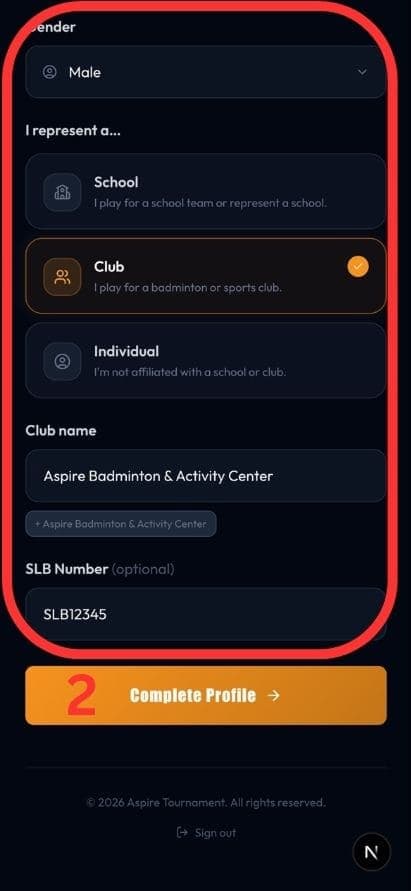 Profile — affiliation and Complete Profile button — mobile