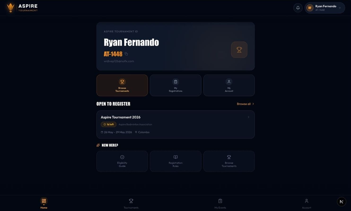 Player dashboard with Aspire Tournament ID — desktop