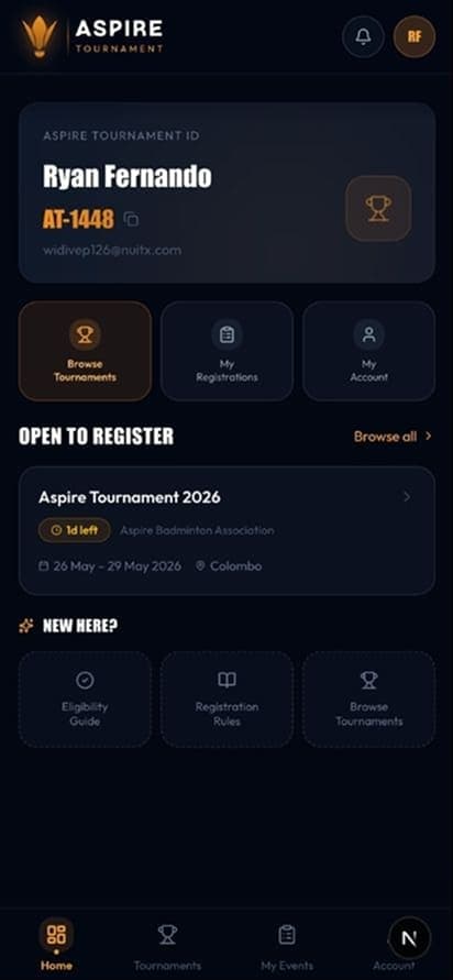 Player dashboard with Aspire Tournament ID — mobile