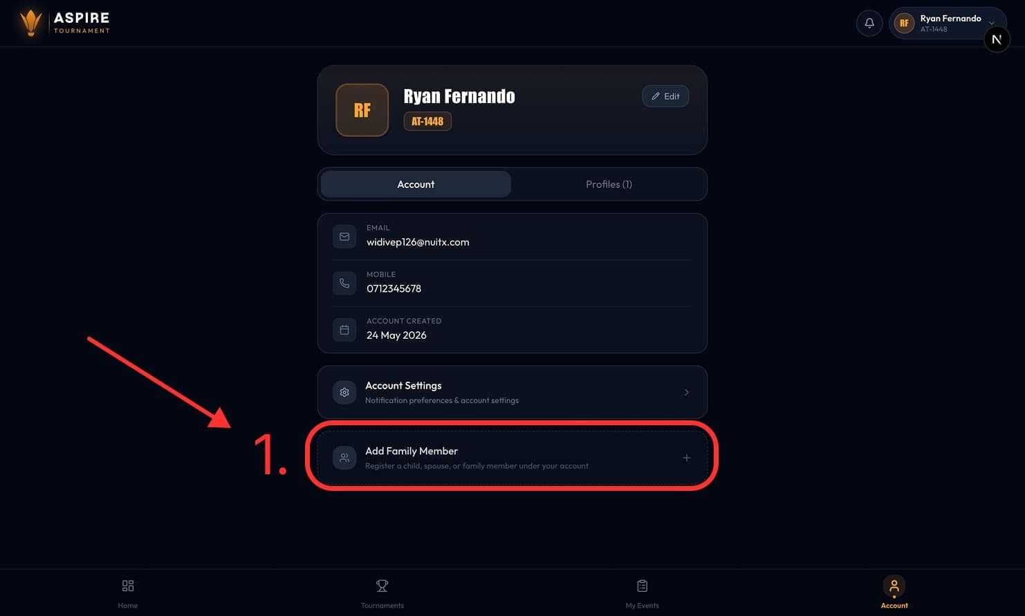 My Account — Add Family Member option — desktop