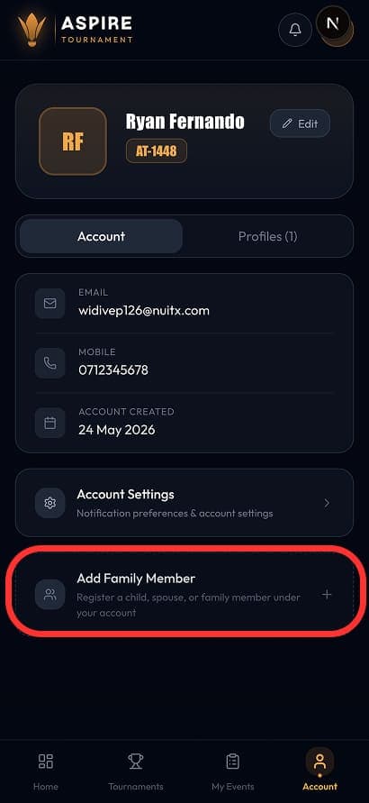 My Account — Add Family Member option — mobile