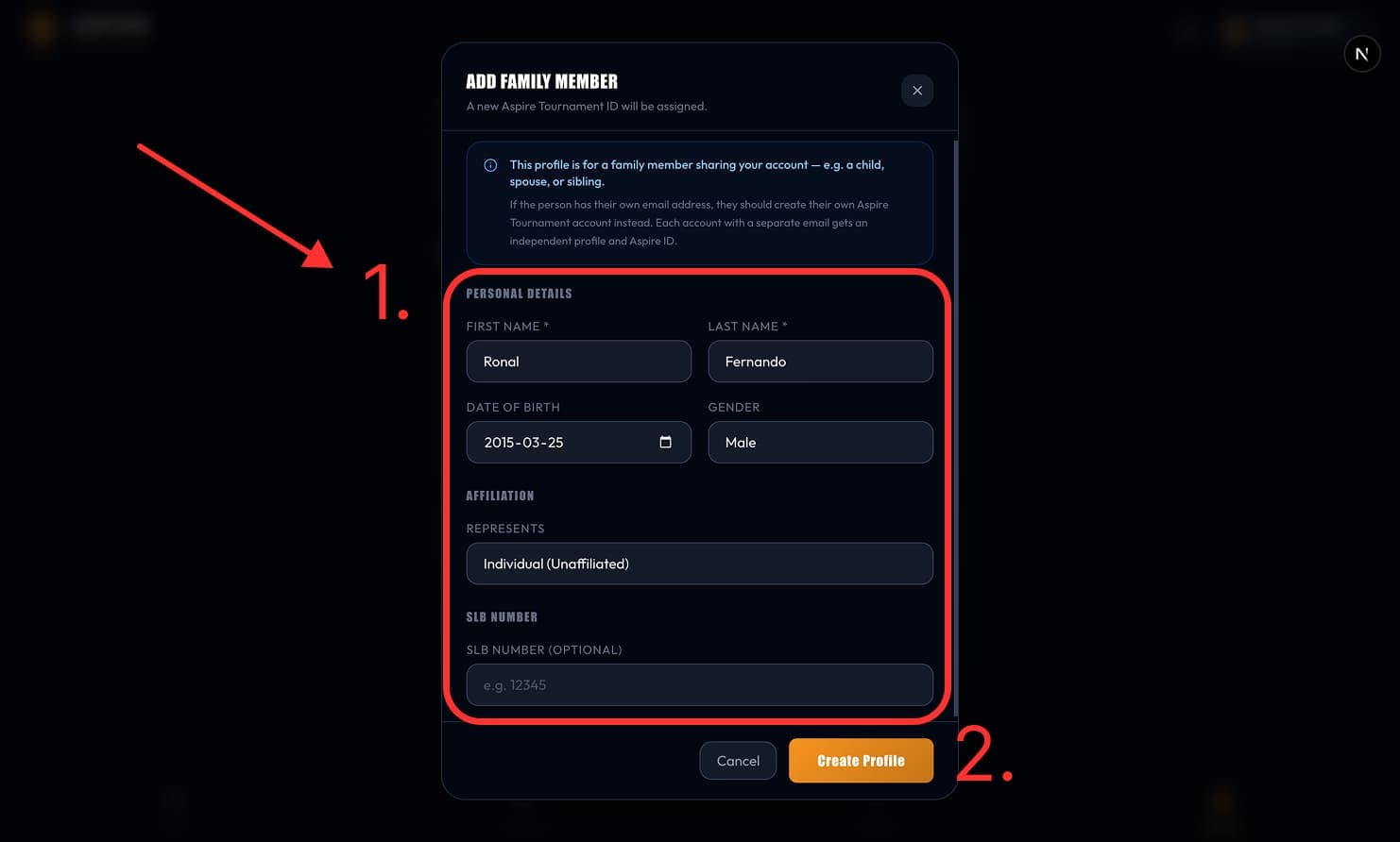 Add Family Member — profile form — desktop