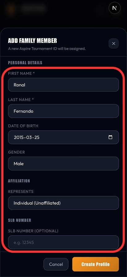 Add Family Member — profile form — mobile