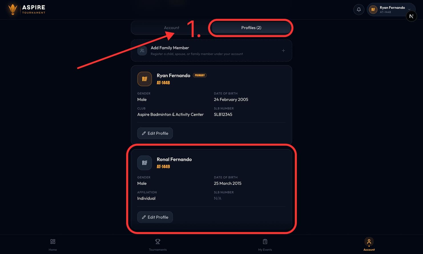 Profiles tab — both profiles with Aspire IDs — desktop