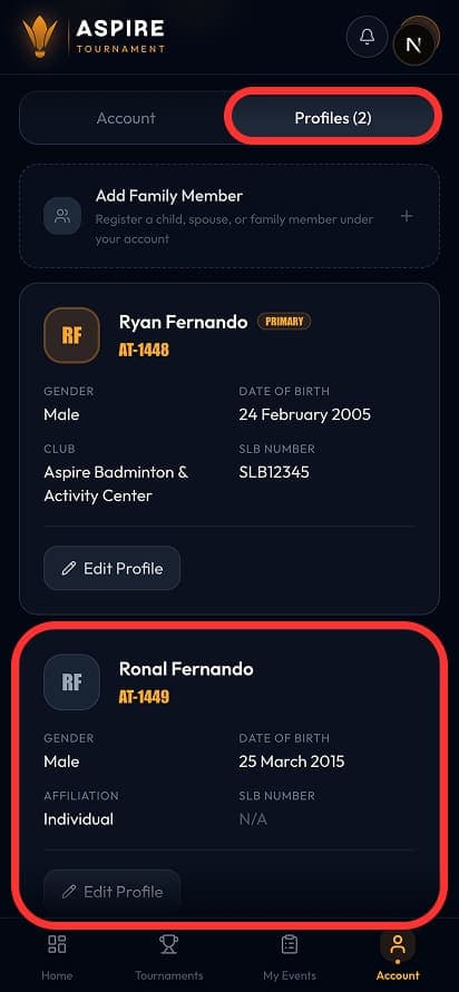 Profiles tab — both profiles with Aspire IDs — mobile