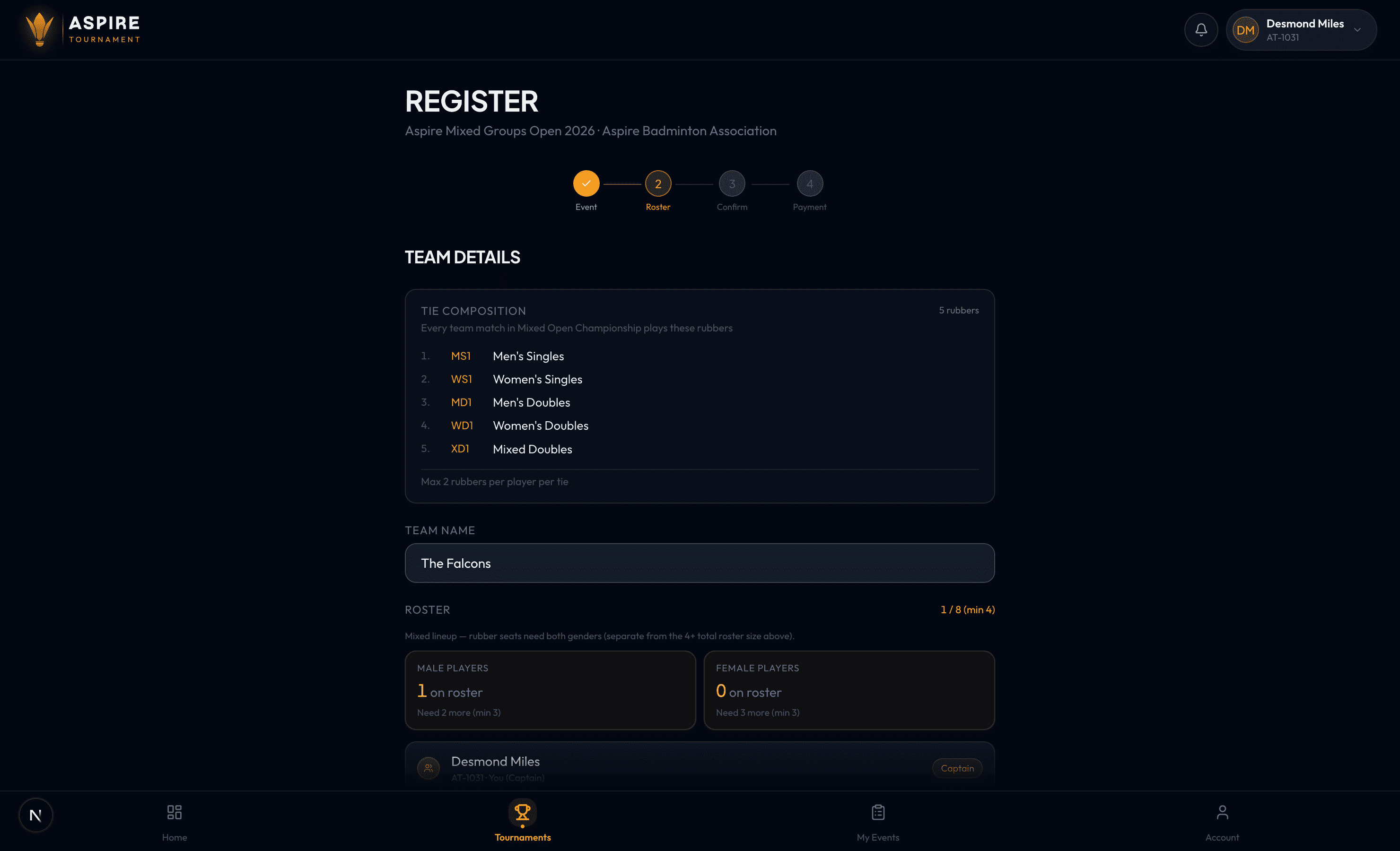 Team name and roster start — desktop