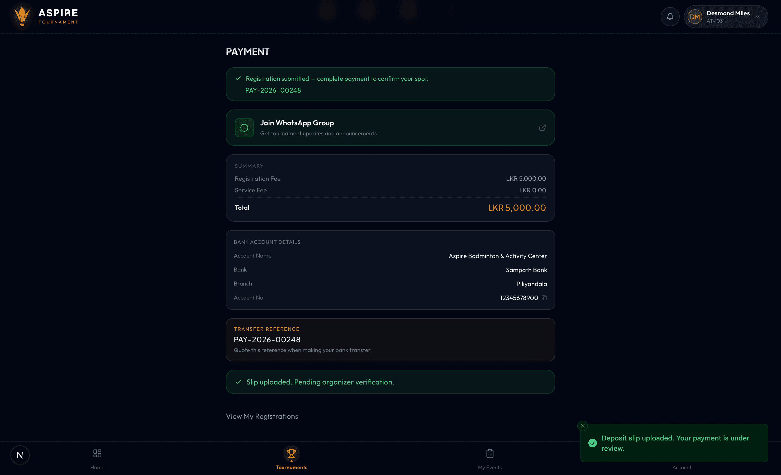 Slip uploaded pending verification — desktop