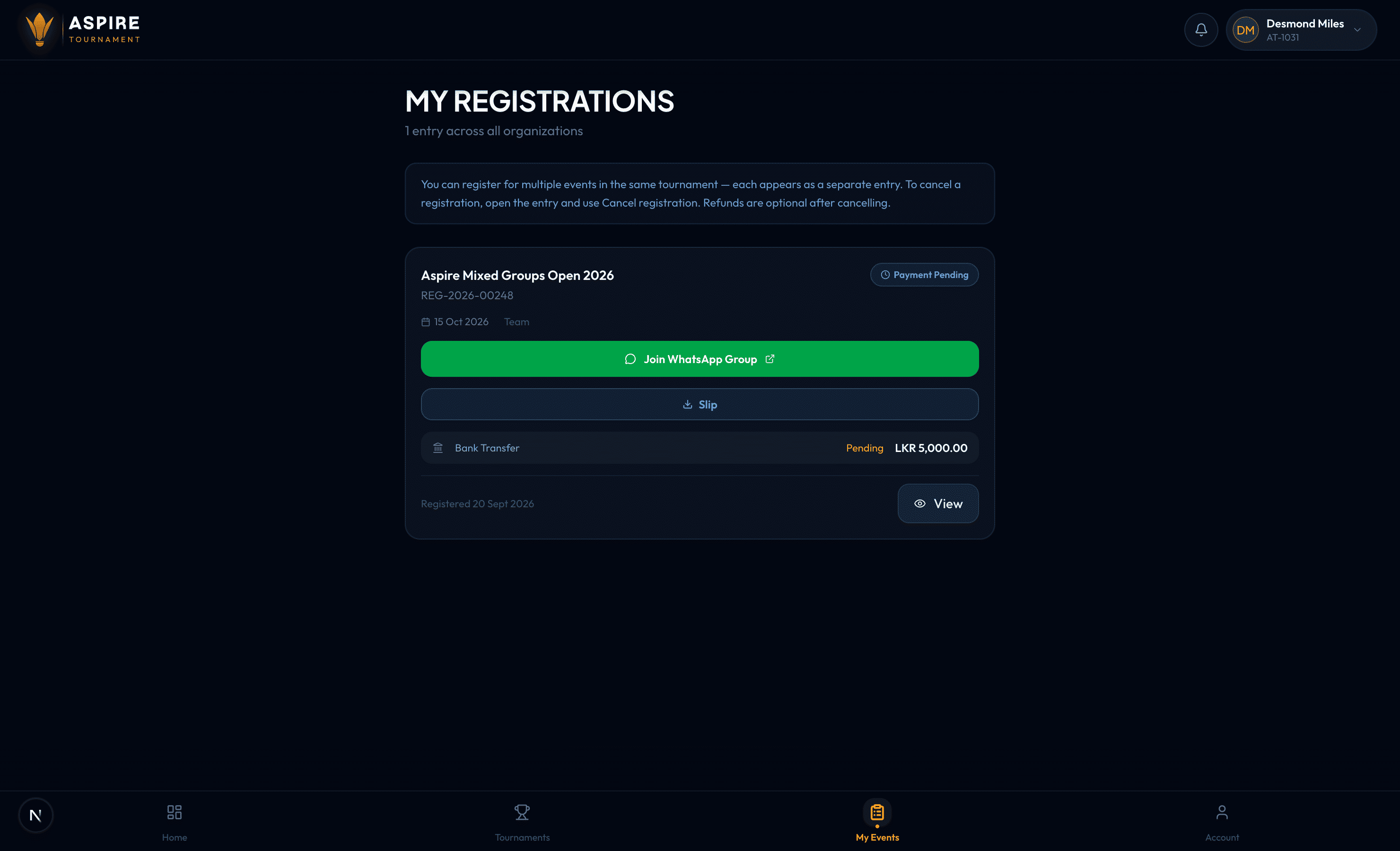 My Registrations — payment pending — desktop